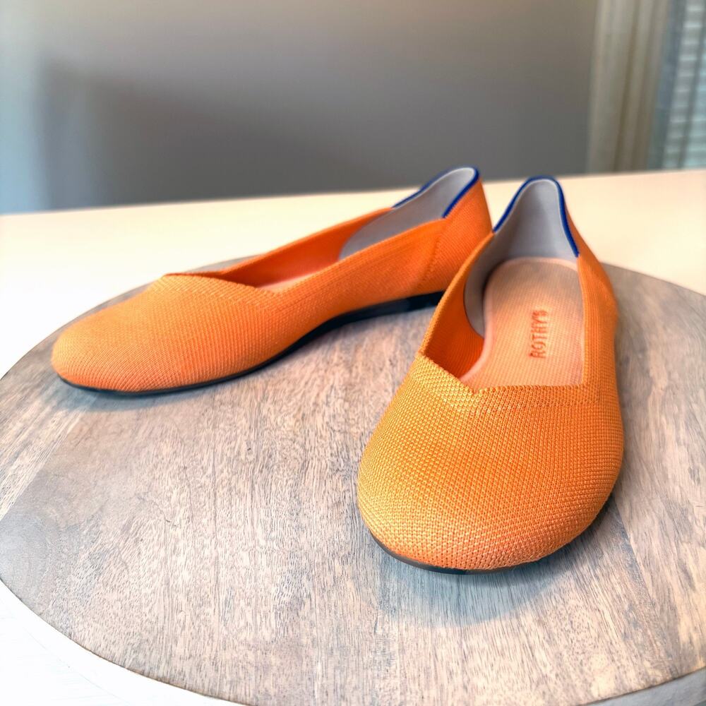 Rothy’s The Flat Tangerine Orange Blue Trim Knit Ballet Flats Women’s Size 8.5